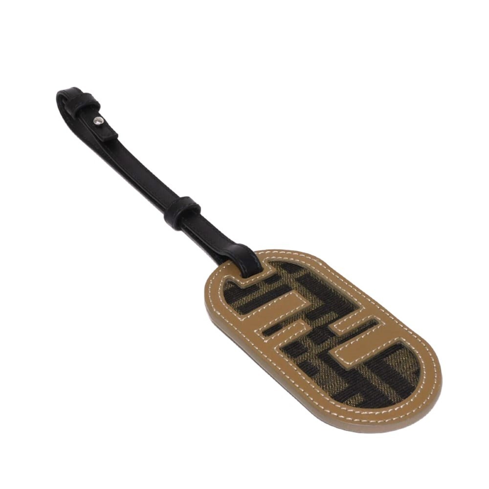 Fendi Ff Name Badge Travel Tag Charm In Khaki Calfskin With Brown Zucca Fabri 311$